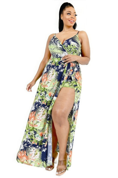 Plus Size Tropical Leaf Print Surplice Maxi Dress with Navy & Olive Shades – V-Neck Wrap Front, Built-In Shorts, and Waist-Cinching Belt, Perfect for Beach Vacations, Summer Parties, and Outdoor Events