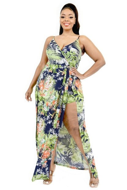 Plus Size Tropical Leaf Print Surplice Maxi Dress with Navy & Olive Shades – V-Neck Wrap Front, Built-In Shorts, and Waist-Cinching Belt, Perfect for Beach Vacations, Summer Parties, and Outdoor Events