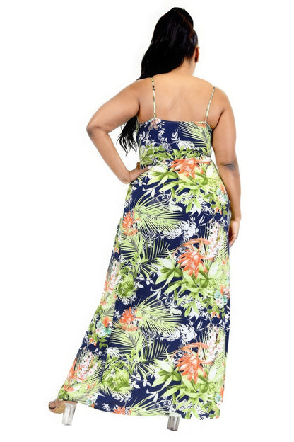 Plus Size Tropical Leaf Print Surplice Maxi Dress with Navy & Olive Shades – V-Neck Wrap Front, Built-In Shorts, and Waist-Cinching Belt, Perfect for Beach Vacations, Summer Parties, and Outdoor Events