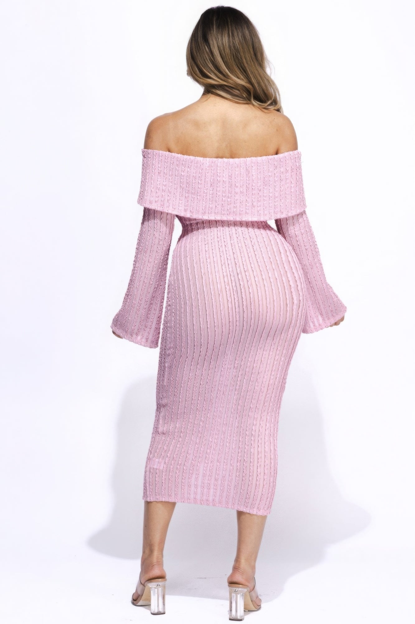 Ruffled Off-Shoulder Midi Dress with Flared Sleeves | Polyester & Spandex | Perfect for Brunch, Weddings, and Cocktail Parties