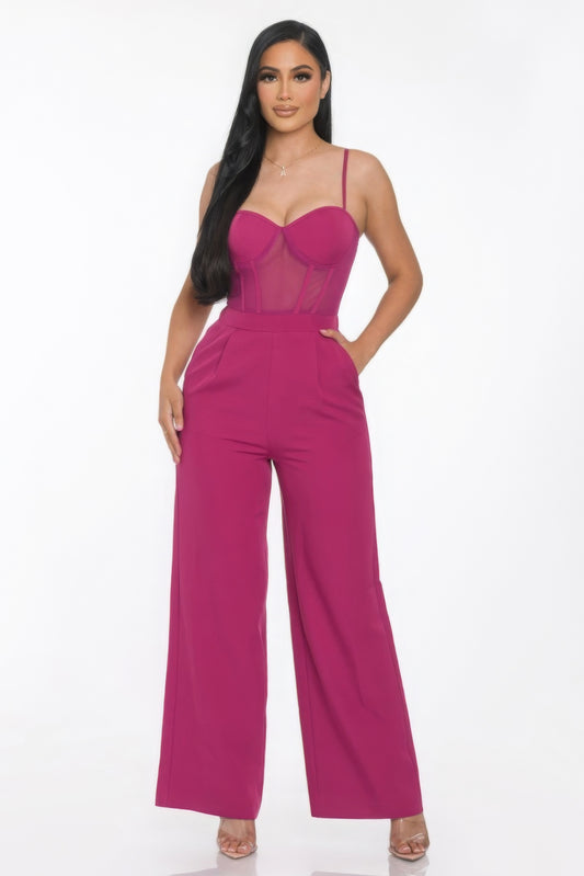 Mesh Insert Cup Wide Leg Jumpsuit – Adjustable Straps, Zip-Back Fastening, Polyester-Spandex Blend for Comfort & Style