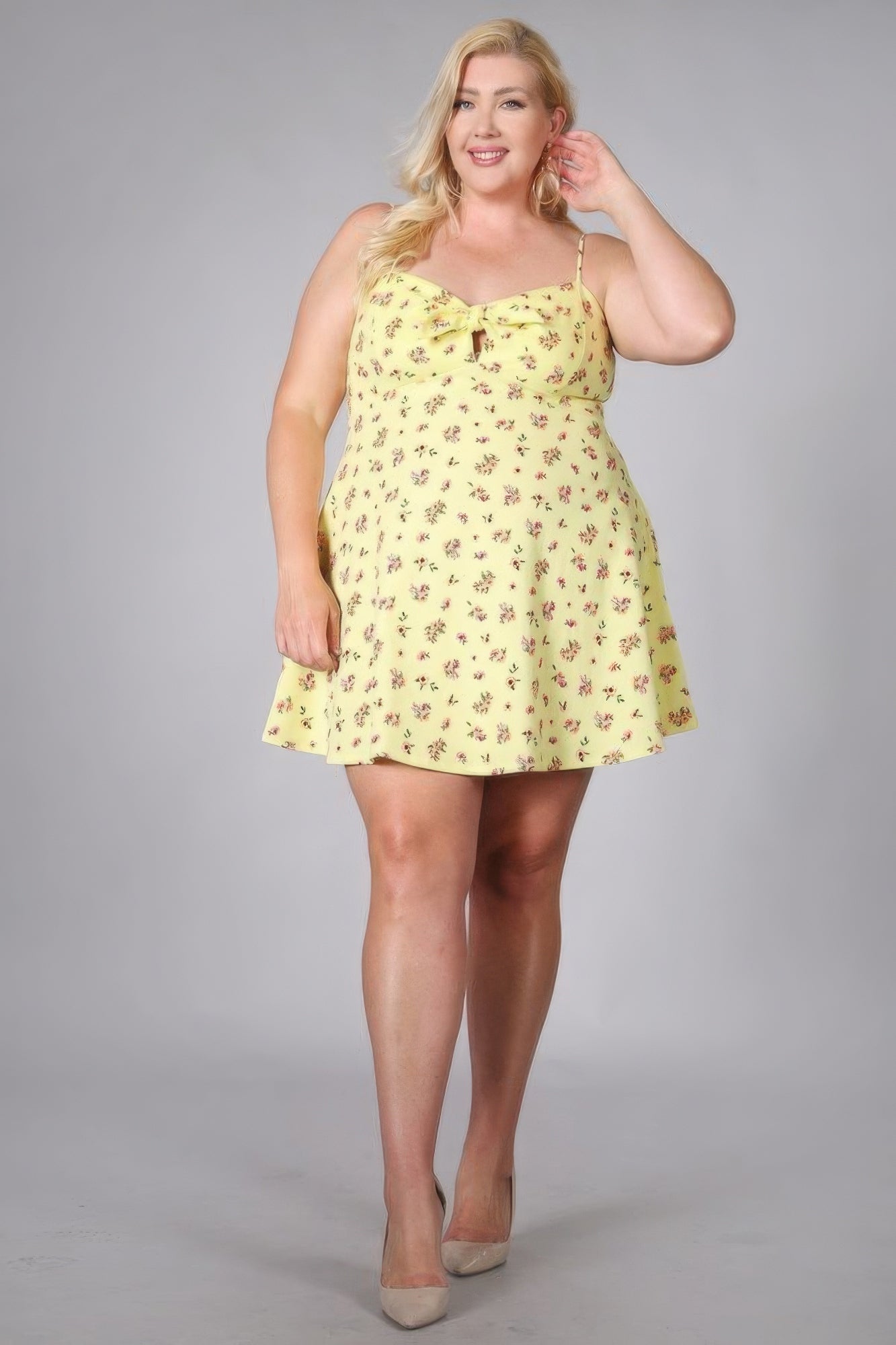 Plus Size Floral Fit and Flare Dress – Yellow, Polyester & Spandex for Durability and Comfort, Perfect for Weddings, Parties, Brunches, and Special Occasions