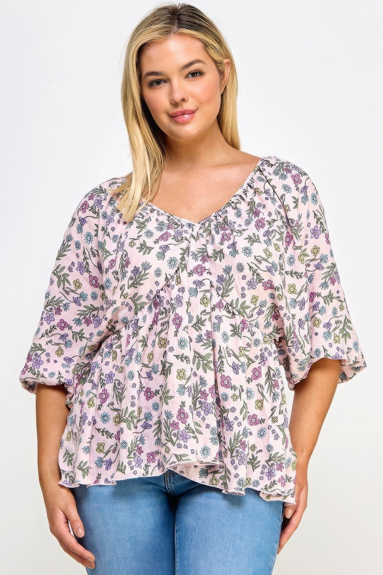 Romantic Floral V-Neck Babydoll Top with Balloon Sleeves | Feminine Design & Comfortable Stretch for All-Day Wear