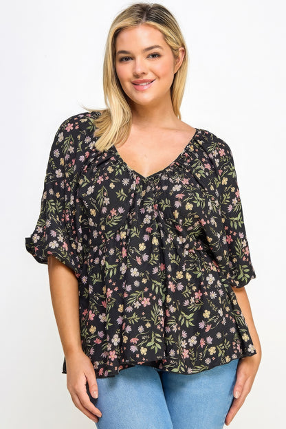 Romantic Floral V-Neck Babydoll Top with Balloon Sleeves | Feminine Design & Comfortable Stretch for All-Day Wear