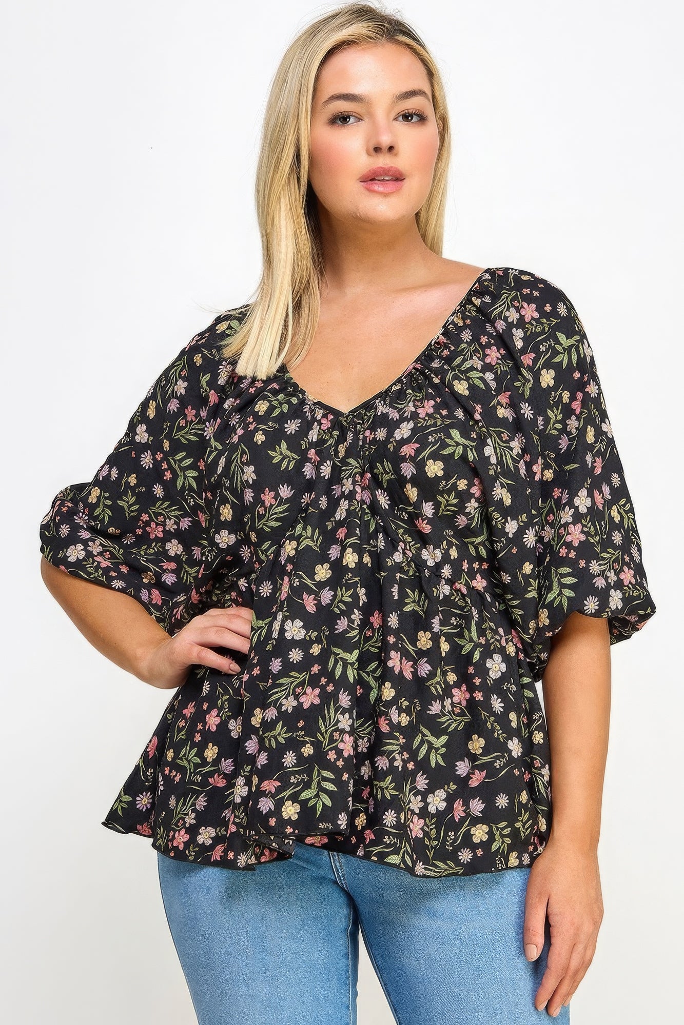 Romantic Floral V-Neck Babydoll Top with Balloon Sleeves | Feminine Design & Comfortable Stretch for All-Day Wear