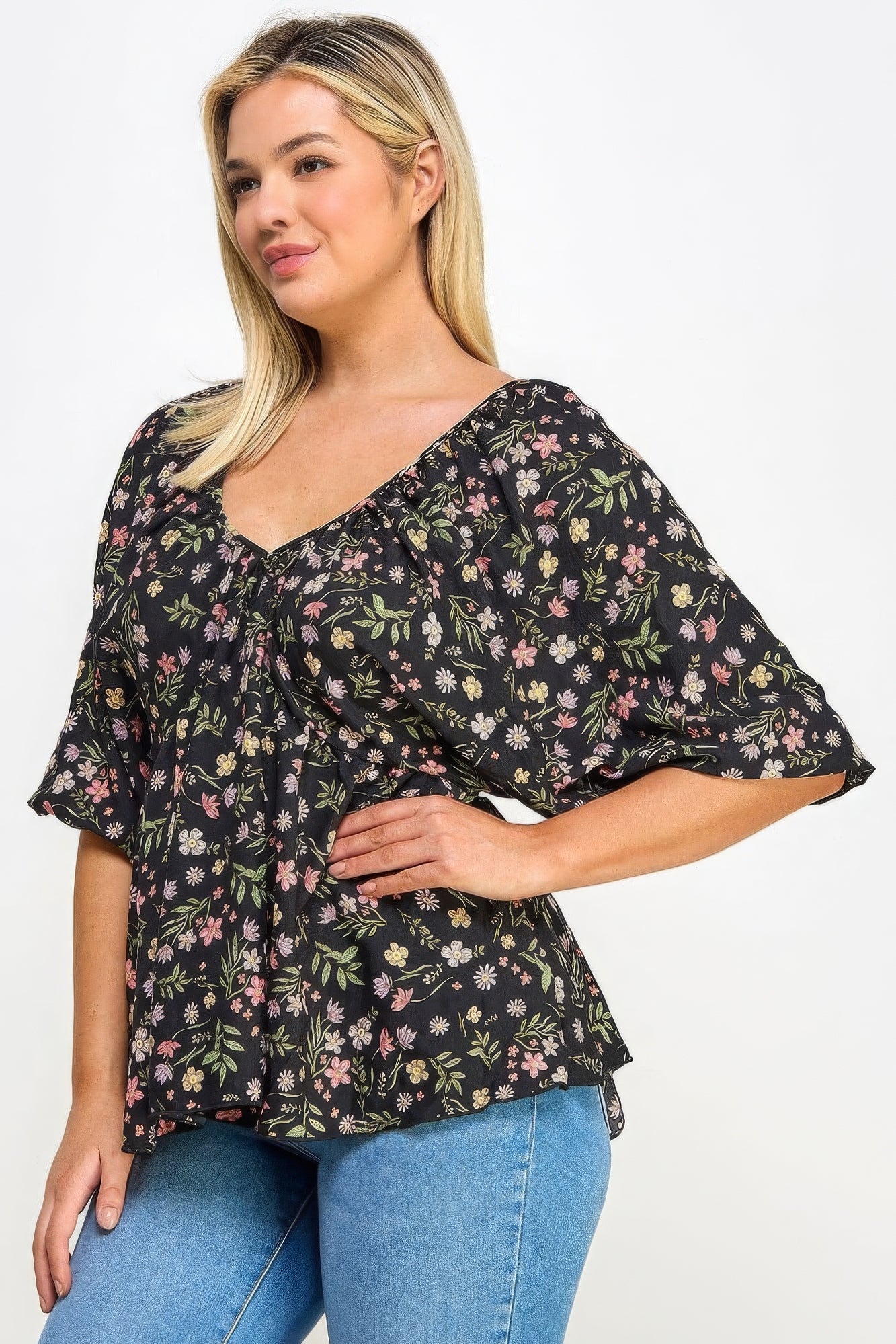 Romantic Floral V-Neck Babydoll Top with Balloon Sleeves | Feminine Design & Comfortable Stretch for All-Day Wear