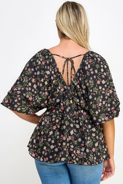 Romantic Floral V-Neck Babydoll Top with Balloon Sleeves | Feminine Design & Comfortable Stretch for All-Day Wear