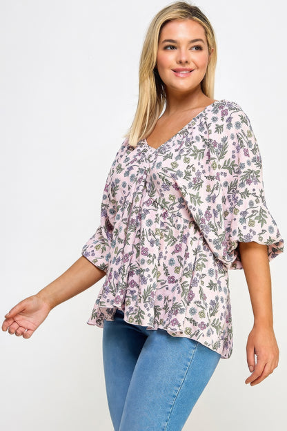 Romantic Floral V-Neck Babydoll Top with Balloon Sleeves | Feminine Design & Comfortable Stretch for All-Day Wear