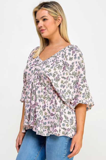 Romantic Floral V-Neck Babydoll Top with Balloon Sleeves | Feminine Design & Comfortable Stretch for All-Day Wear