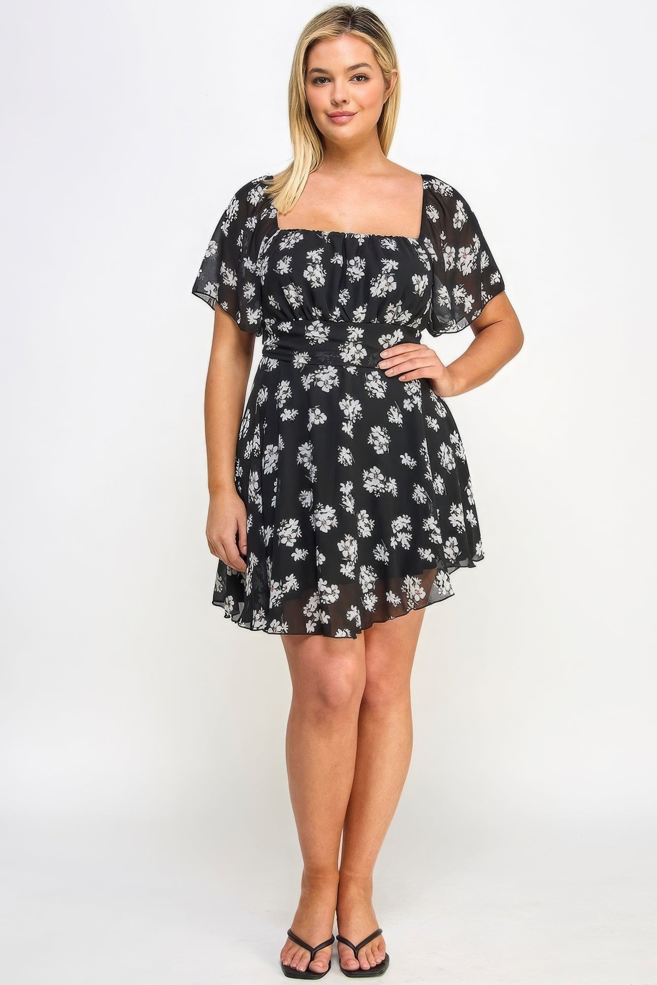 Plus Size Floral Chiffon Dress – Soft & Durable Polyester, Feminine Floral Print, Perfect for Special Occasions with Heels & Accessories