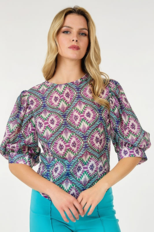 Puff Sleeve Multi-Print Top – Bold Fuchsia Hues, Versatile for Brunch, Night Out & More, Stylish Polyester Design