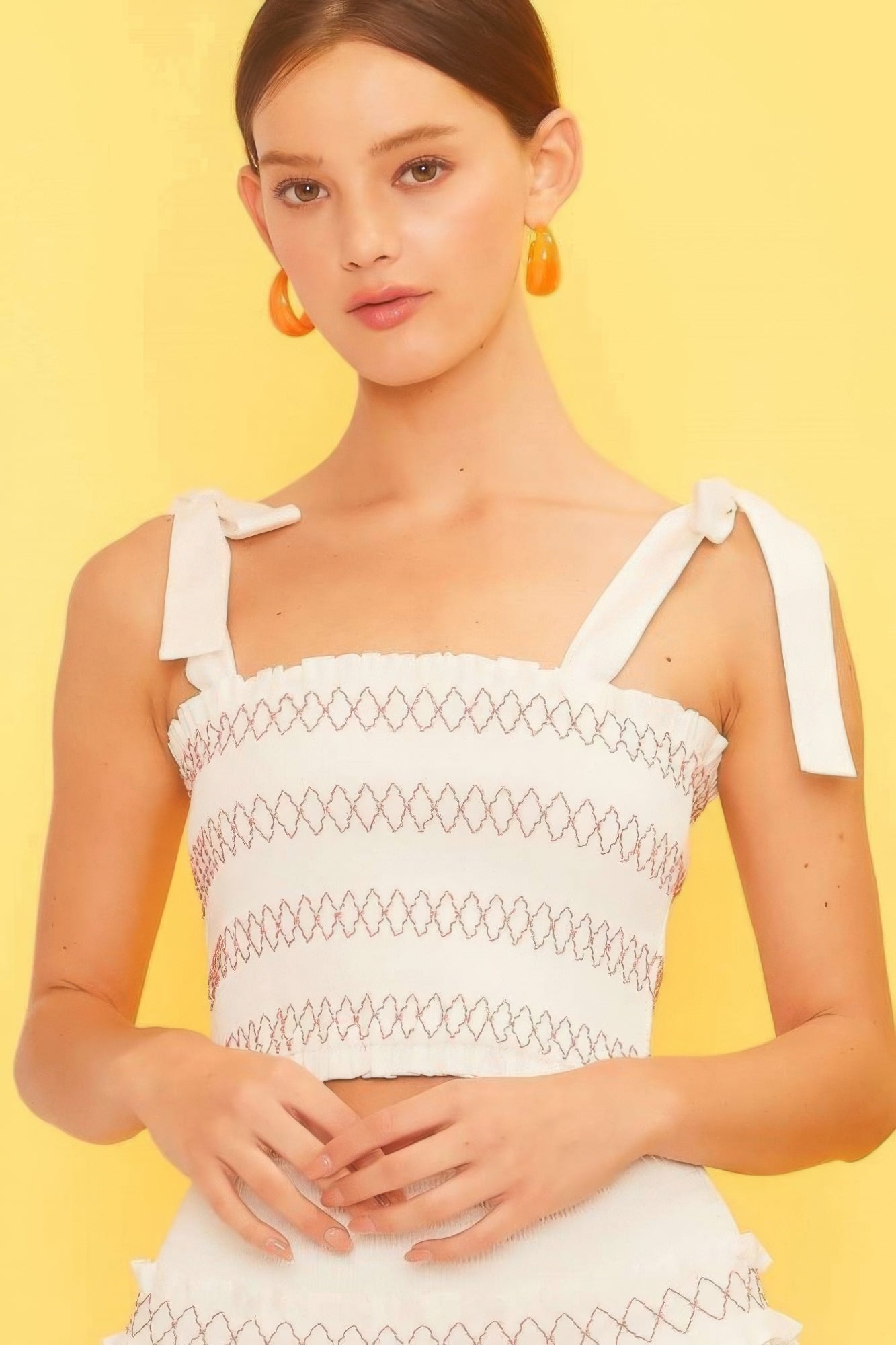 Self-Tie Shoulder Smocking Ruffle Crop Top – Cotton & Spandex, Perfect for Casual Outings, Beach Trips, and Everyday Summer Wear