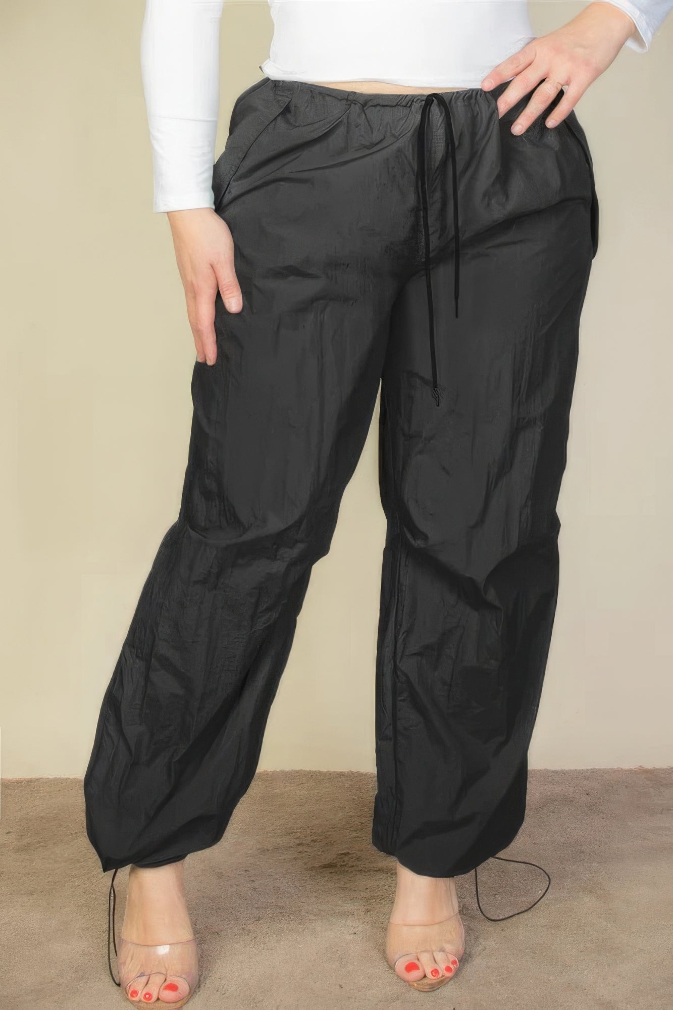 Plus Size Drawstring Waist Parachute Pants – Durable Nylon, Elastic Band & Toggle Tightening, Two Front Pockets, Ideal for Casual Outings, Travel & Everyday Wear