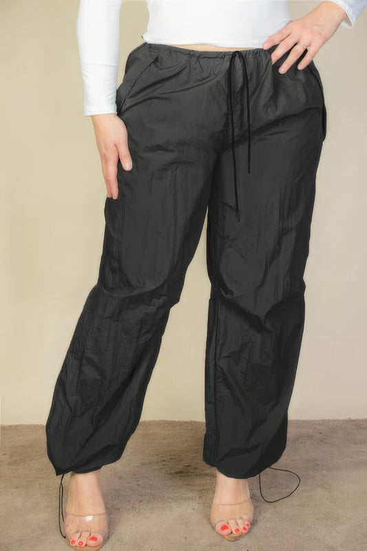 Plus Size Drawstring Waist Parachute Pants – Durable Nylon, Elastic Band & Toggle Tightening, Two Front Pockets, Ideal for Casual Outings, Travel & Everyday Wear