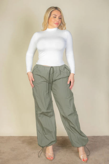 Plus Size Drawstring Waist Parachute Pants – Durable Nylon, Elastic Band & Toggle Tightening, Two Front Pockets, Ideal for Casual Outings, Travel & Everyday Wear