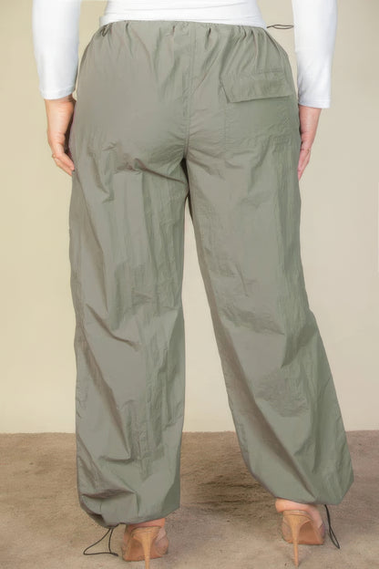 Plus Size Drawstring Waist Parachute Pants – Durable Nylon, Elastic Band & Toggle Tightening, Two Front Pockets, Ideal for Casual Outings, Travel & Everyday Wear