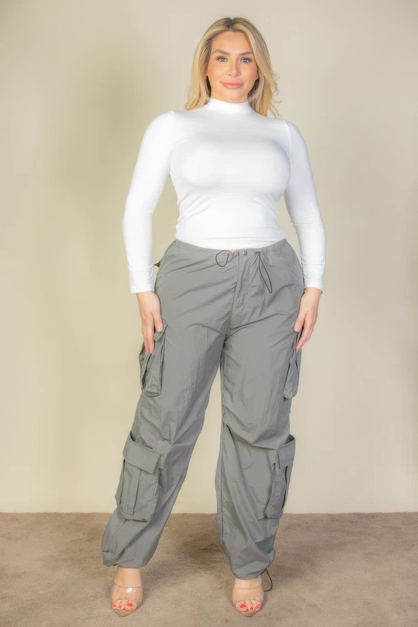 Plus Size Flap Pocket Drawstring Ruched Parachute Pants – Durable Nylon, Adjustable Waist, Versatile Style for Casual or Dressy Looks