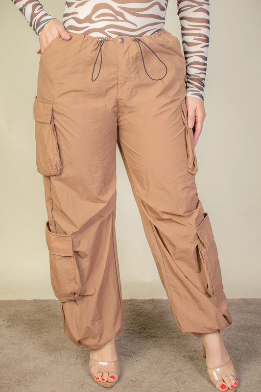 Plus Size Flap Pocket Drawstring Ruched Parachute Pants – Durable Nylon, Adjustable Waist, Versatile Style for Casual or Dressy Looks