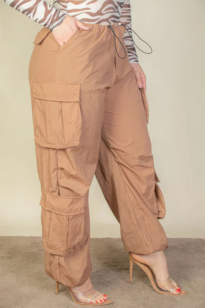 Plus Size Flap Pocket Drawstring Ruched Parachute Pants – Durable Nylon, Adjustable Waist, Versatile Style for Casual or Dressy Looks