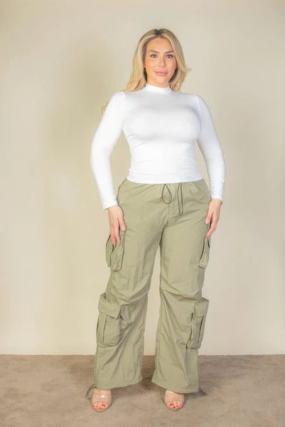 Plus Size Flap Pocket Drawstring Ruched Parachute Pants – Durable Nylon, Adjustable Waist, Versatile Style for Casual or Dressy Looks