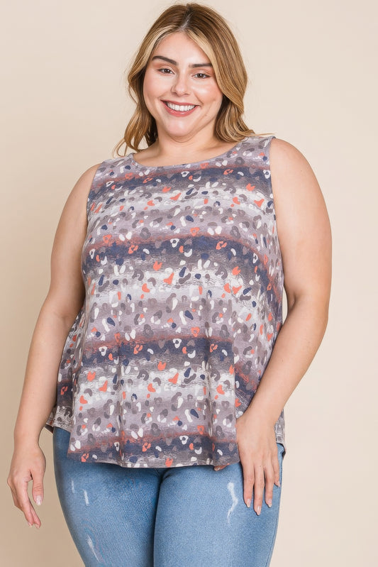 Plus Size Multi Tie-Dye Animal Print Tunic Tank – Polyester, Rayon & Spandex, Relaxed Fit with Side Curved Hem, Perfect for Casual Outings, Beach Days, or Layered Looks