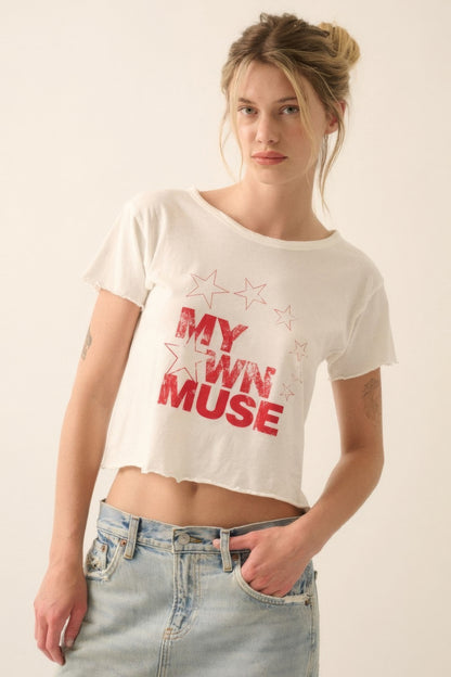 My Own Muse" Vintage Wash Cropped Graphic Tee – Star Print & Distressed Look for a Trendy, Comfortable Fit