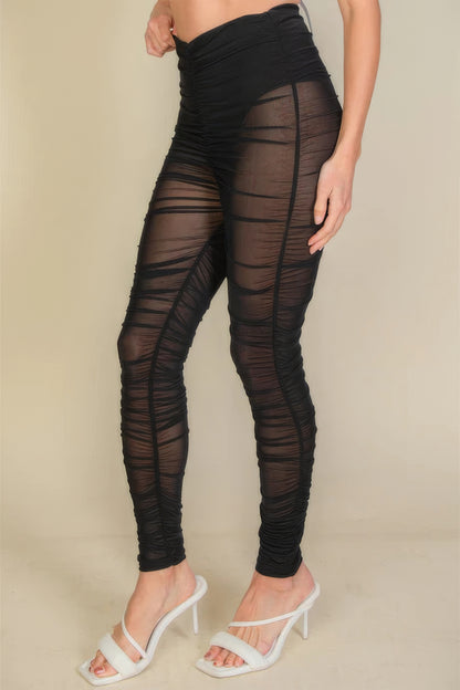 Ruched Poly Mesh Leggings for Women | Stylish Black Mesh Design | Perfect for Clubs, Beach Days, & Night Out Looks | Polyester & Spandex Blend