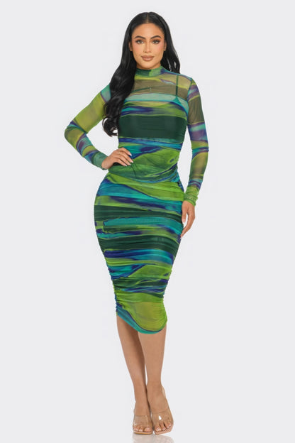 Glitch Print Mesh Ruched Midi Dress – Long Sleeve with Back Zip Closure, 95% Polyester and 5% Spandex for Stretch and Comfort