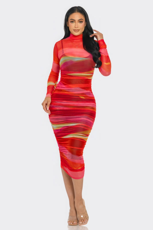 Glitch Print Mesh Ruched Midi Dress – Long Sleeve with Back Zip Closure, 95% Polyester and 5% Spandex for Stretch and Comfort