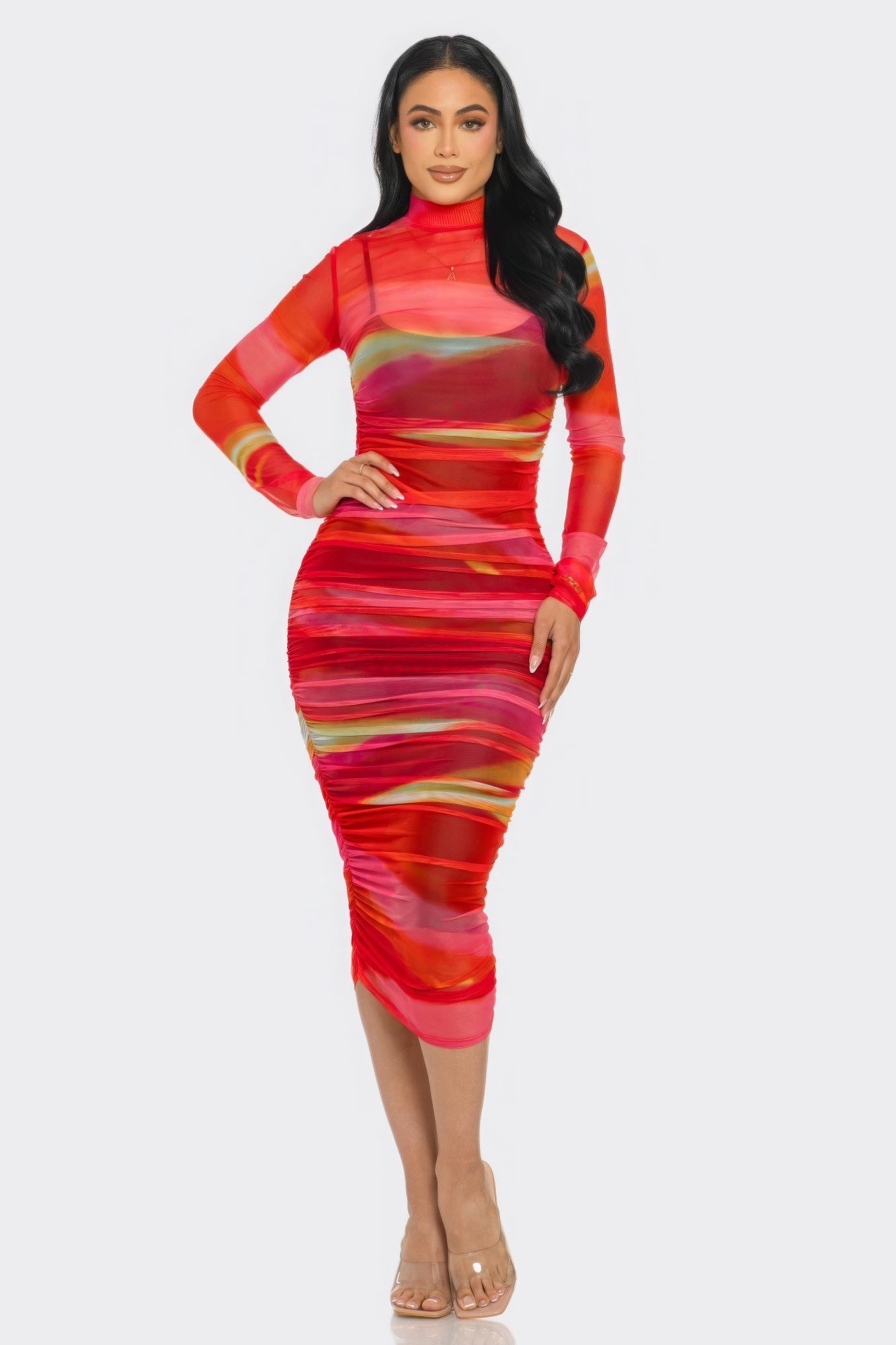 Glitch Print Mesh Ruched Midi Dress – Long Sleeve with Back Zip Closure, 95% Polyester and 5% Spandex for Stretch and Comfort