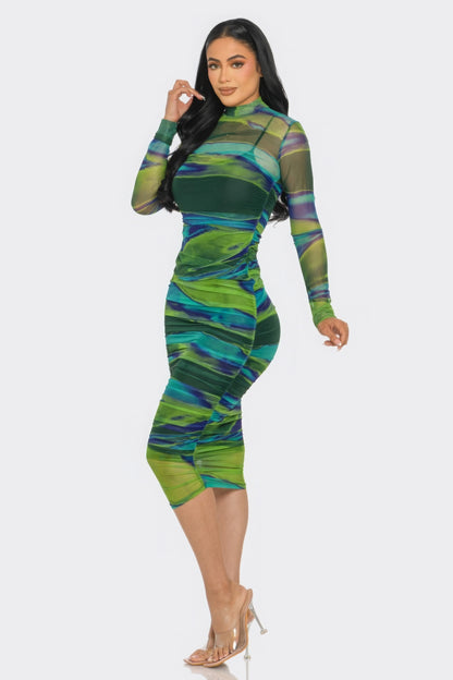 Glitch Print Mesh Ruched Midi Dress – Long Sleeve with Back Zip Closure, 95% Polyester and 5% Spandex for Stretch and Comfort