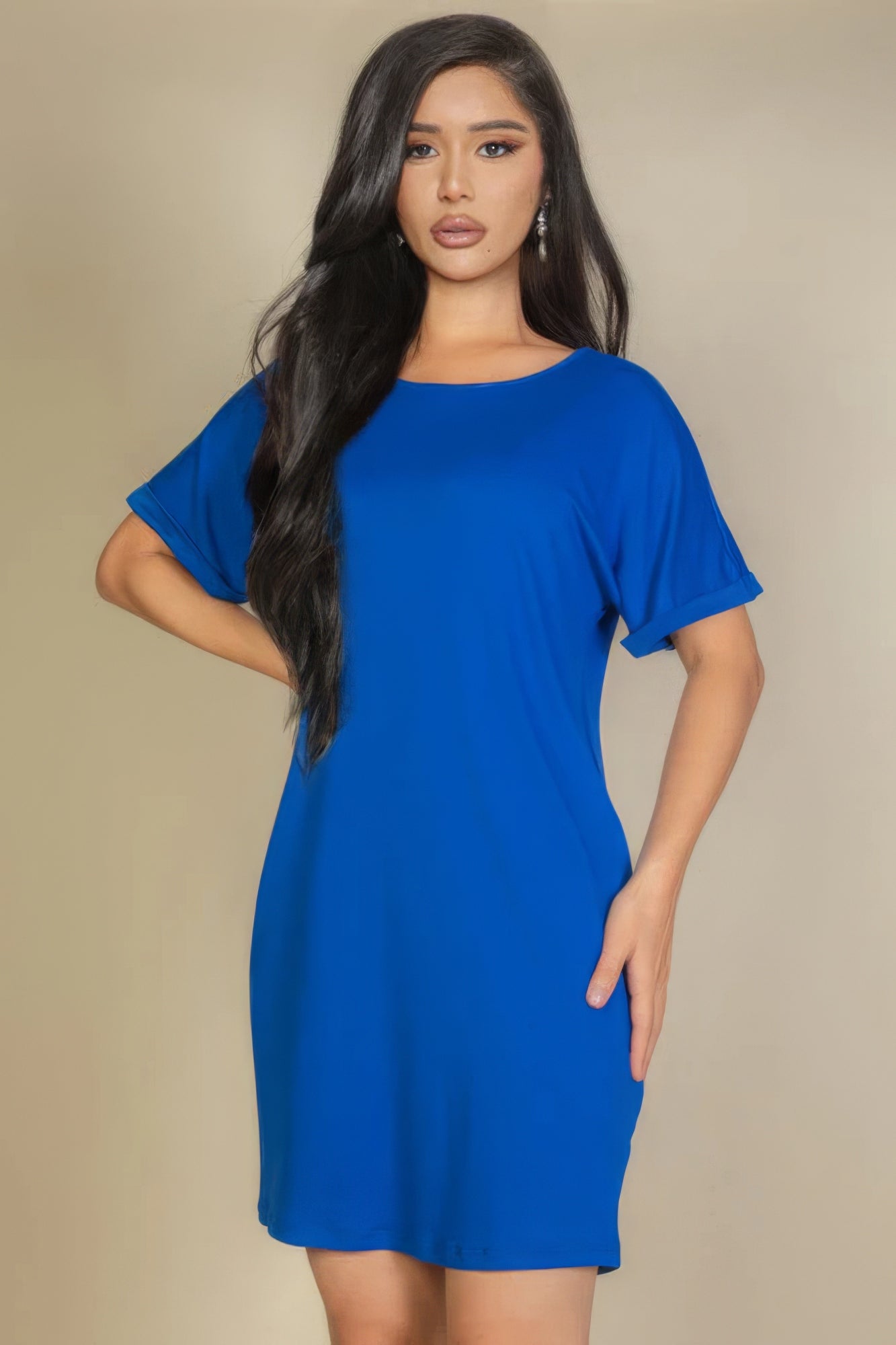 Side Pocket Double-Folded Mini Dress – Polyester & Spandex, Soft High-Stretch Jersey, Perfect for Everyday Wear, Casual Outings & Special Events