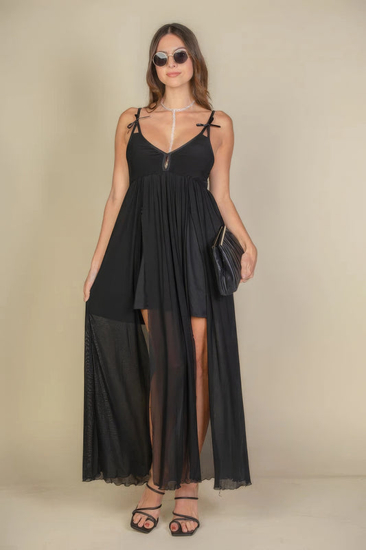 Plunge Neck Split Thigh Mesh Maxi Dress – Soft, Lightweight, High-Stretch Nylon & Spandex, Perfect for Dates, Parties & Beach Vacations