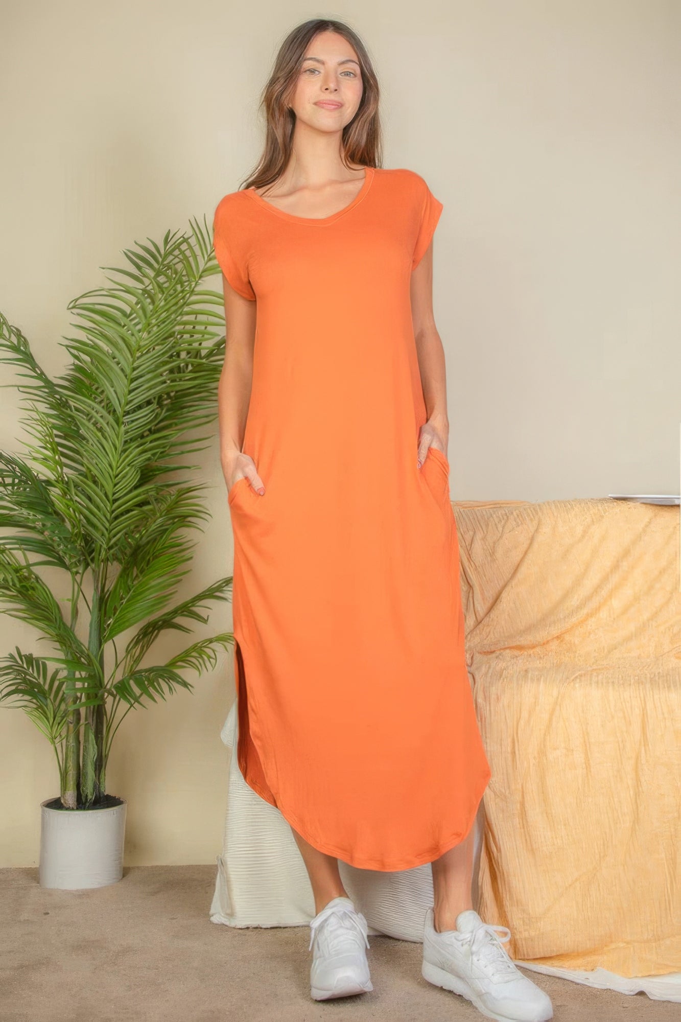 V-Neck Batwing Sleeve Maxi Dress with Hidden Pockets – Soft, Stretchy Premium Blend of 92% Polyester & 8% Spandex for Comfort and Style