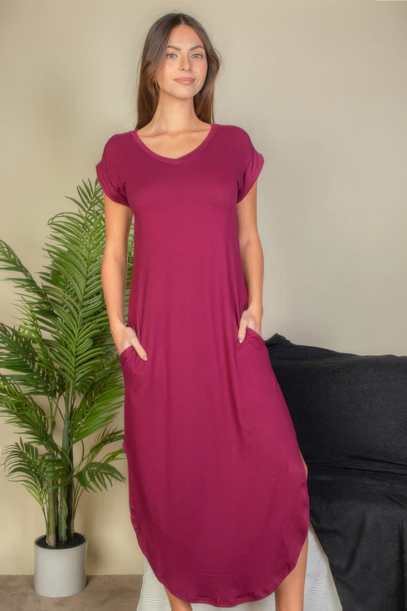 V-Neck Batwing Sleeve Maxi Dress with Hidden Pockets – Soft, Stretchy Premium Blend of 92% Polyester & 8% Spandex for Comfort and Style