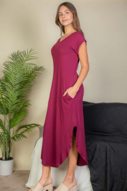 V-Neck Batwing Sleeve Maxi Dress with Hidden Pockets – Soft, Stretchy Premium Blend of 92% Polyester & 8% Spandex for Comfort and Style