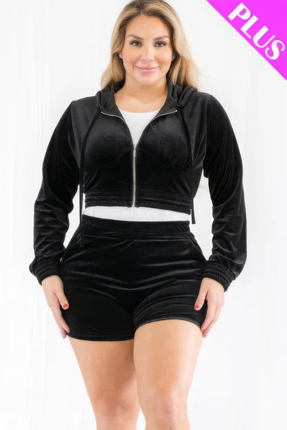 Plus Size Velour Zip-Up Crop Hoodie & Shorts Set – Soft Polyester-Spandex Blend, Stylish Matching Loungewear or Casual Outfit for Everyday Comfort