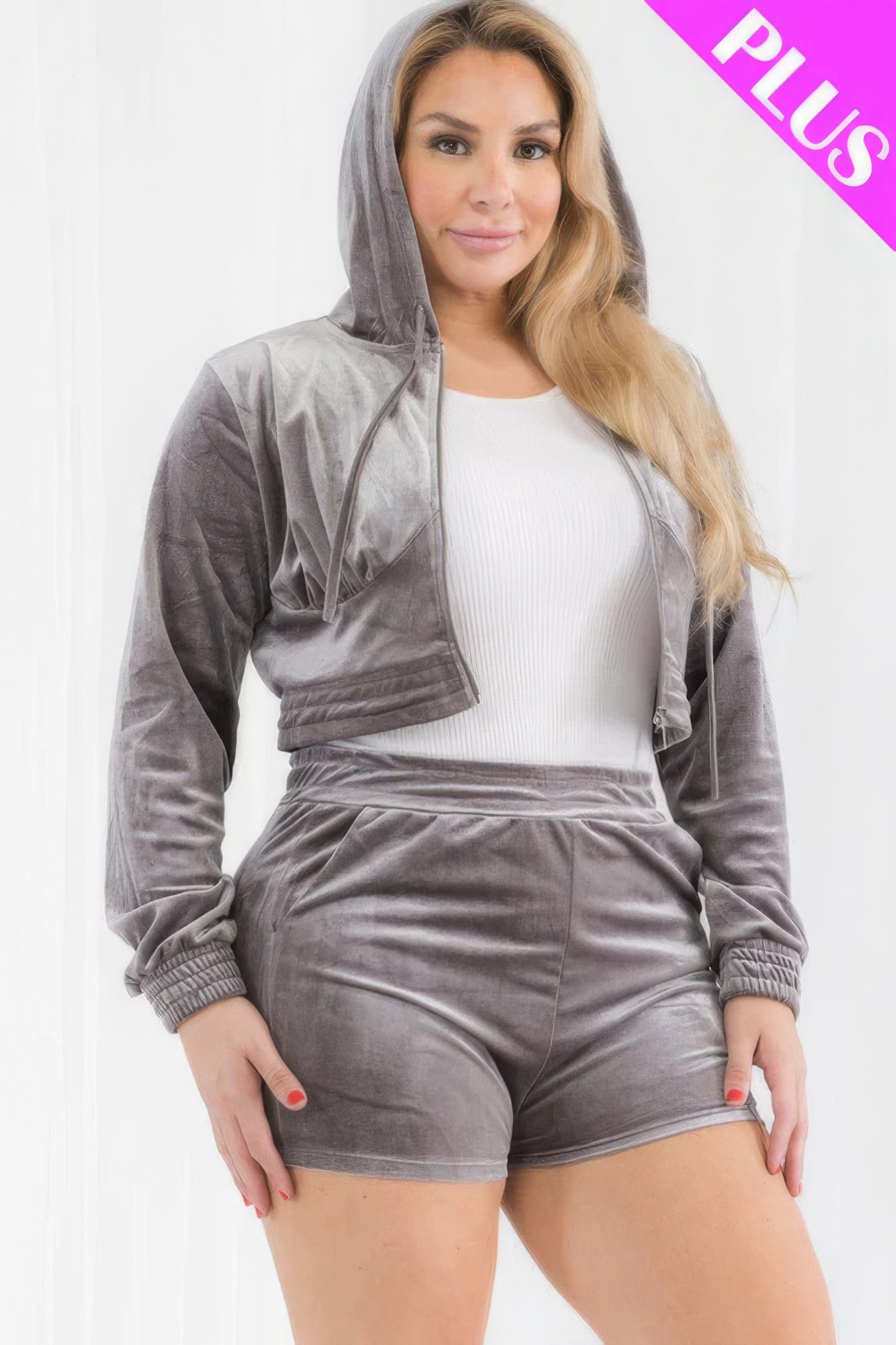 Plus Size Velour Zip-Up Crop Hoodie & Shorts Set – Soft Polyester-Spandex Blend, Stylish Matching Loungewear or Casual Outfit for Everyday Comfort