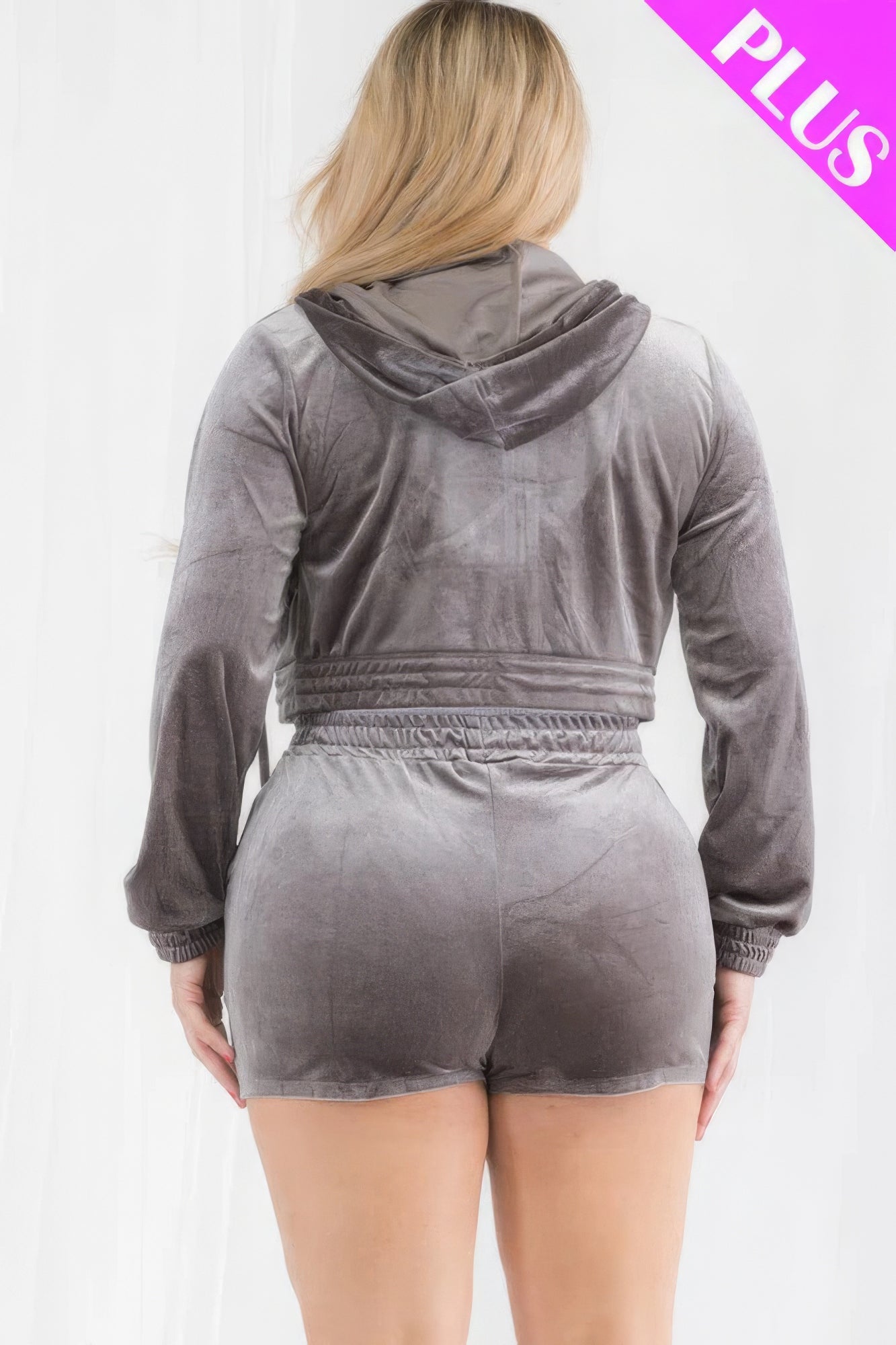 Plus Size Velour Zip-Up Crop Hoodie & Shorts Set – Soft Polyester-Spandex Blend, Stylish Matching Loungewear or Casual Outfit for Everyday Comfort