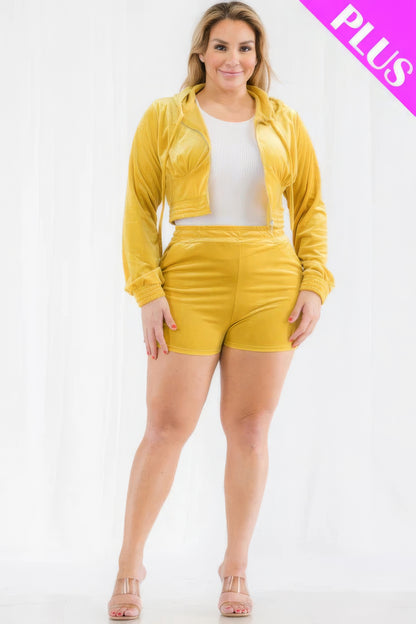 Plus Size Velour Zip-Up Crop Hoodie & Shorts Set – Soft Polyester-Spandex Blend, Stylish Matching Loungewear or Casual Outfit for Everyday Comfort