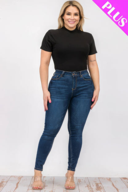 Plus Size Ribbed Short Sleeve Bodysuit – Soft Polyester & Spandex, Versatile for Layering or Wearing Solo, Perfect for Casual or Dressy Occasions