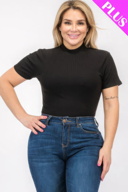 Plus Size Ribbed Short Sleeve Bodysuit – Soft Polyester & Spandex, Versatile for Layering or Wearing Solo, Perfect for Casual or Dressy Occasions