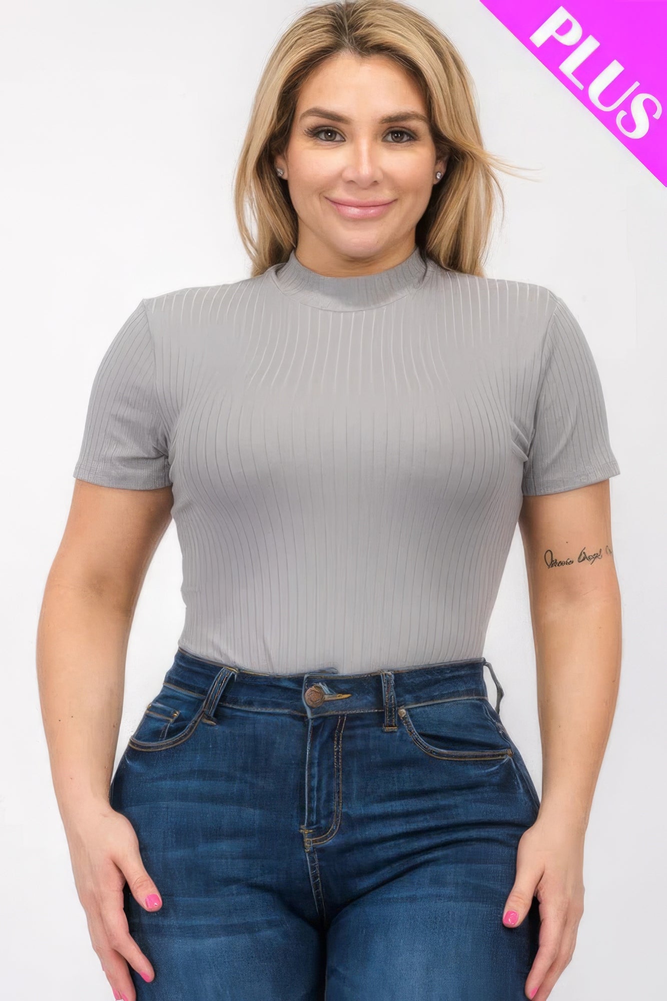 Plus Size Ribbed Short Sleeve Bodysuit – Soft Polyester & Spandex, Versatile for Layering or Wearing Solo, Perfect for Casual or Dressy Occasions