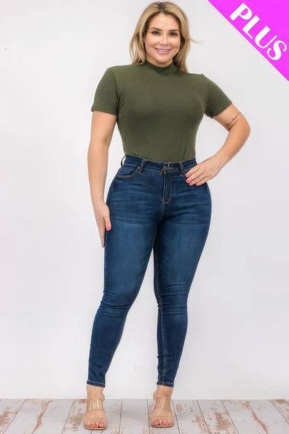 Plus Size Ribbed Short Sleeve Bodysuit – Soft Polyester & Spandex, Versatile for Layering or Wearing Solo, Perfect for Casual or Dressy Occasions