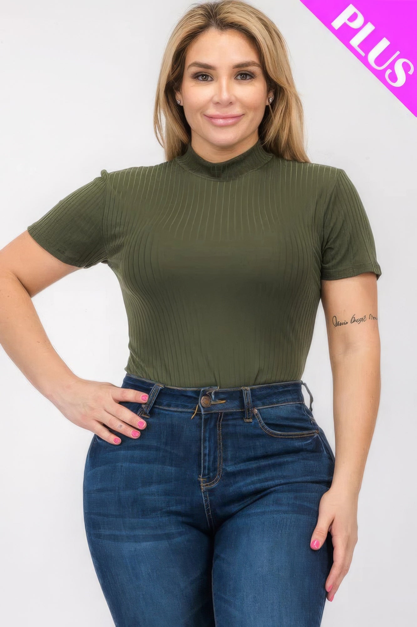 Plus Size Ribbed Short Sleeve Bodysuit – Soft Polyester & Spandex, Versatile for Layering or Wearing Solo, Perfect for Casual or Dressy Occasions