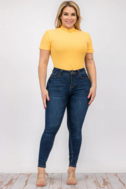 Plus Size Ribbed Short Sleeve Bodysuit – Soft Polyester & Spandex, Versatile for Layering or Wearing Solo, Perfect for Casual or Dressy Occasions