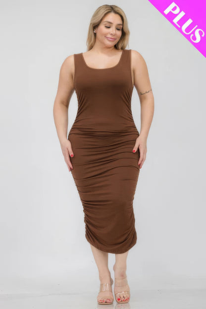 Plus Size Square Neck Ruched Bodycon Midi Dress – Polyester & Spandex, Curve-Enhancing Ruched Detailing, Perfect for Day-to-Night Occasions, Elegant and Stylish Fit