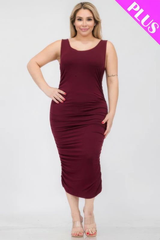 Plus Size Square Neck Ruched Bodycon Midi Dress – Polyester & Spandex, Curve-Enhancing Ruched Detailing, Perfect for Day-to-Night Occasions, Elegant and Stylish Fit