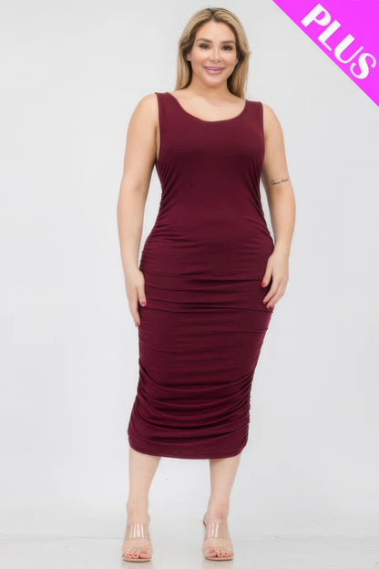 Plus Size Square Neck Ruched Bodycon Midi Dress – Polyester & Spandex, Curve-Enhancing Ruched Detailing, Perfect for Day-to-Night Occasions, Elegant and Stylish Fit