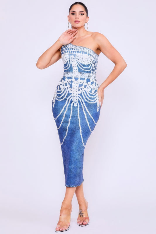 One Shoulder Denim Print Dress – Polyester & Spandex, Pearl Accents for Chic Style, Perfect for Casual & Semi-Formal Occasions